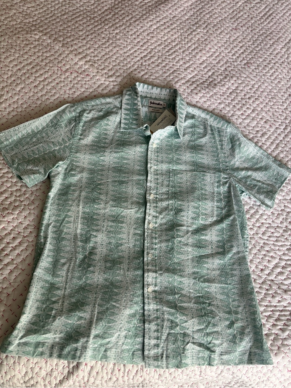 ✅✅NWT-Fabindia- Mint Green Short-Sleeve Printed Button-Down Shirt (M)